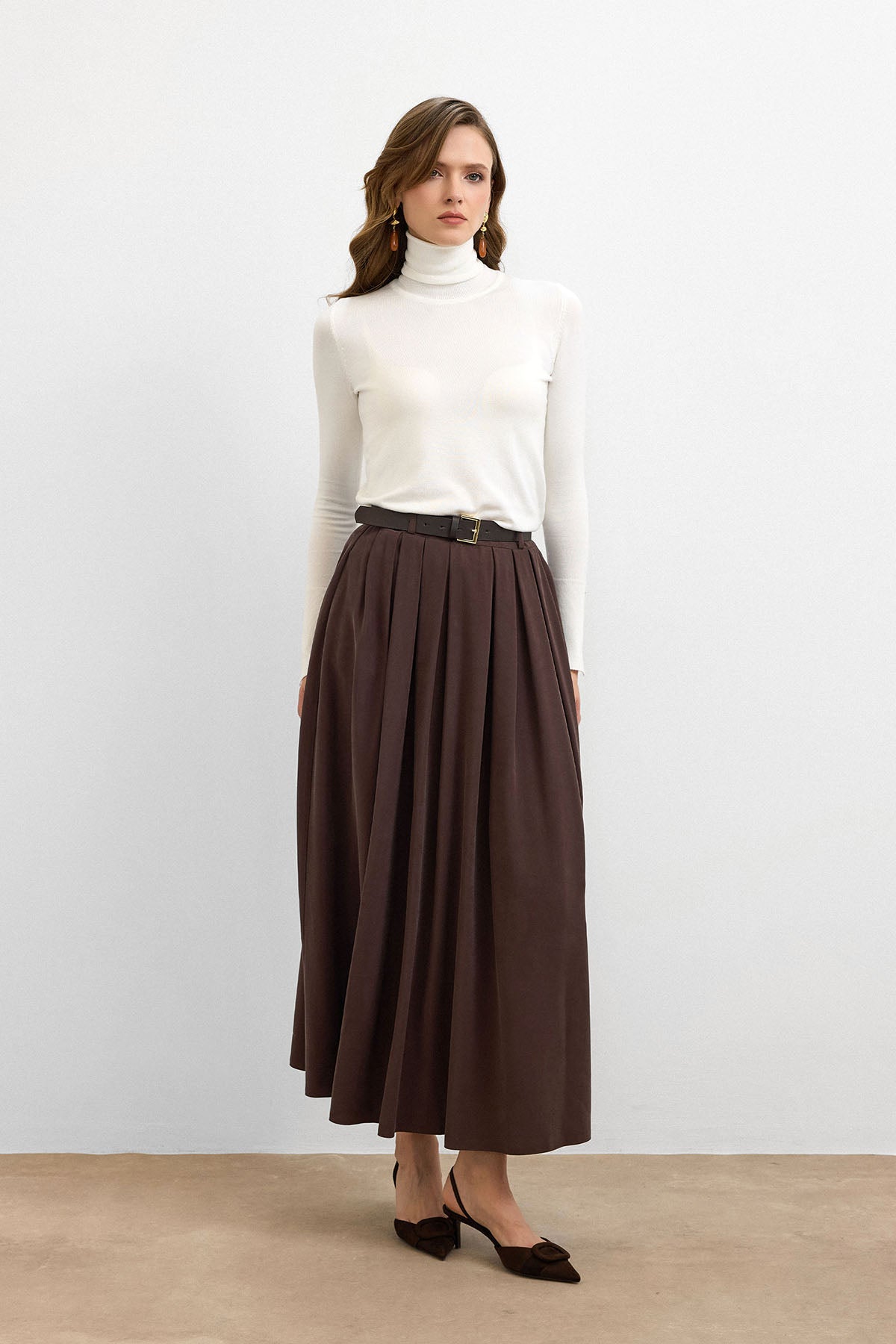 Classic Fit Dökümlü Maxi Etek Kahve