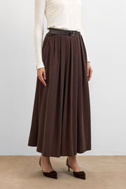 Classic Fit Dökümlü Maxi Etek Kahve