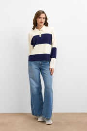 Blok Çizgili Triko Kazak Krem – Lacivert