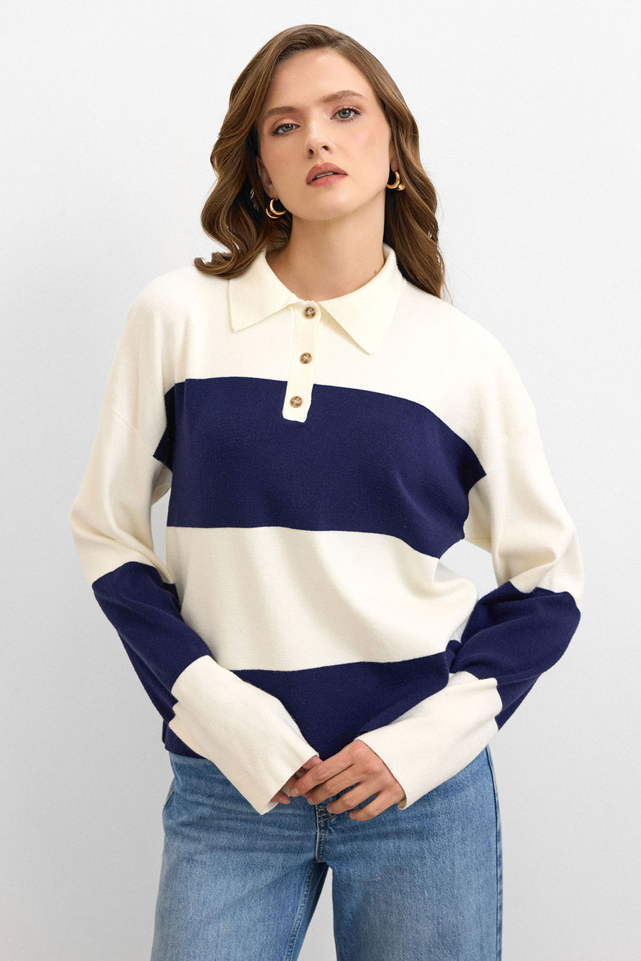 Blok Çizgili Triko Kazak Krem – Lacivert