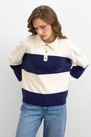 Blok Çizgili Triko Kazak Krem – Lacivert