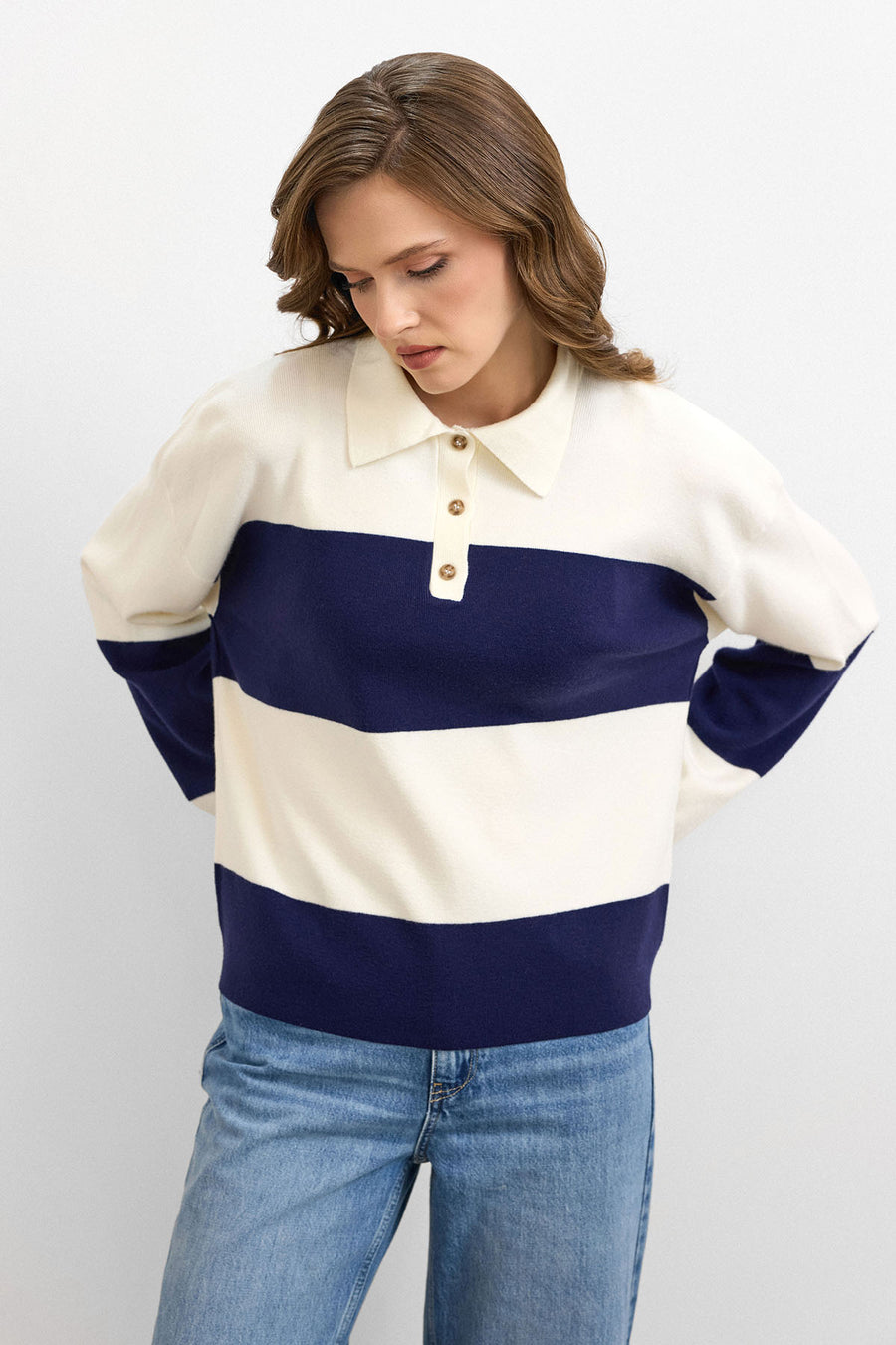 Blok Çizgili Triko Kazak Krem – Lacivert