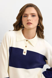 Blok Çizgili Triko Kazak Krem – Lacivert