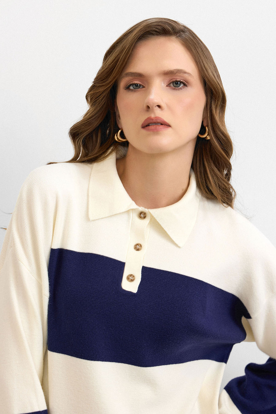 Blok Çizgili Triko Kazak Krem – Lacivert