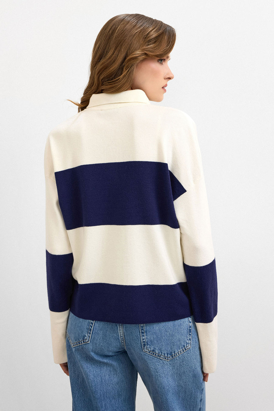 Blok Çizgili Triko Kazak Krem – Lacivert