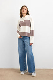 Blok Çizgili Triko Kazak Krem – Vizon