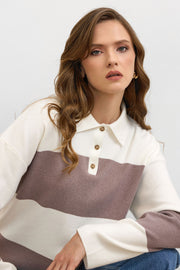 Blok Çizgili Triko Kazak Krem – Vizon