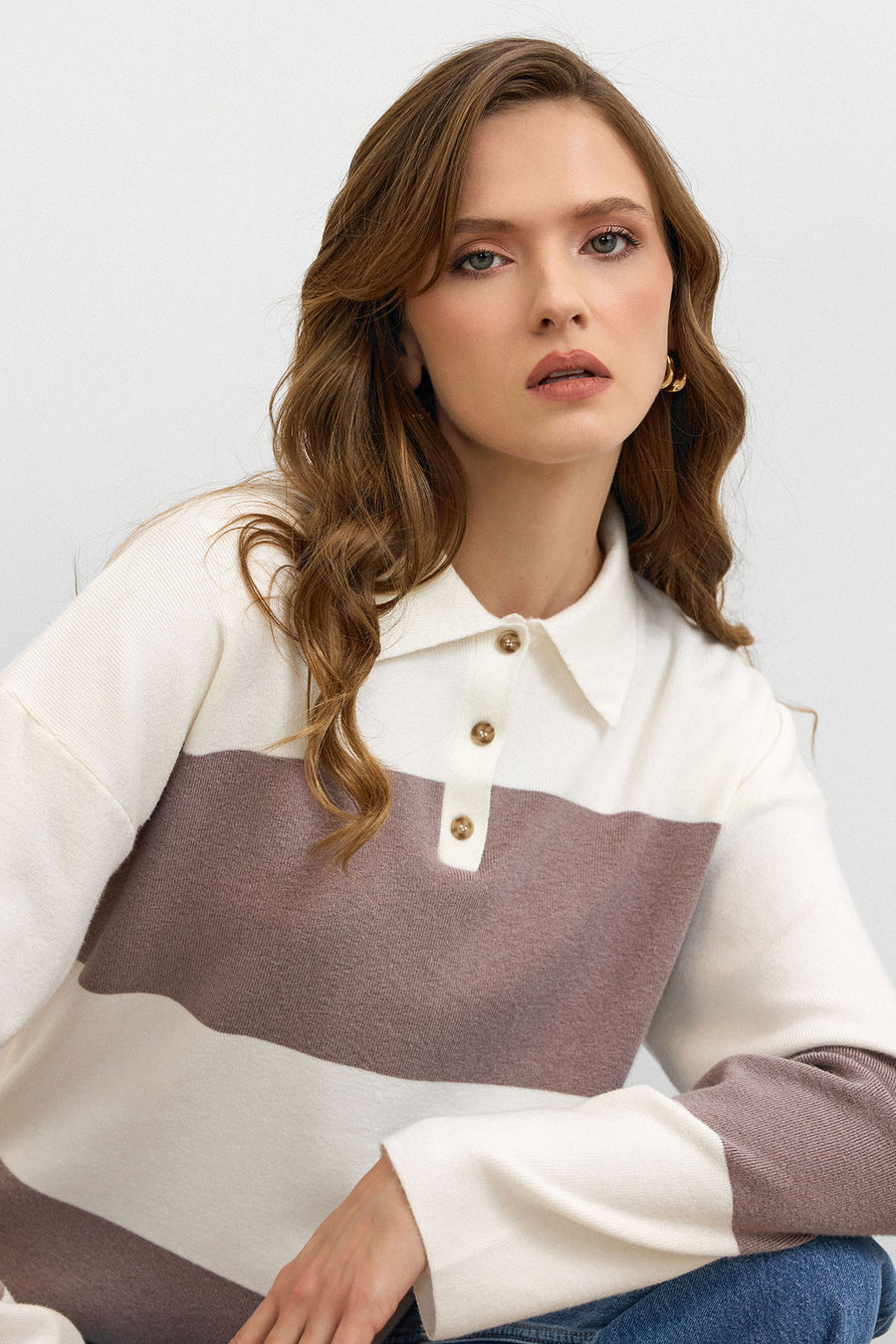 Blok Çizgili Triko Kazak Krem – Vizon