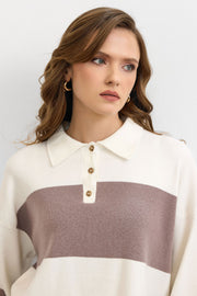 Blok Çizgili Triko Kazak Krem – Vizon