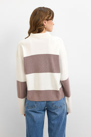 Blok Çizgili Triko Kazak Krem – Vizon