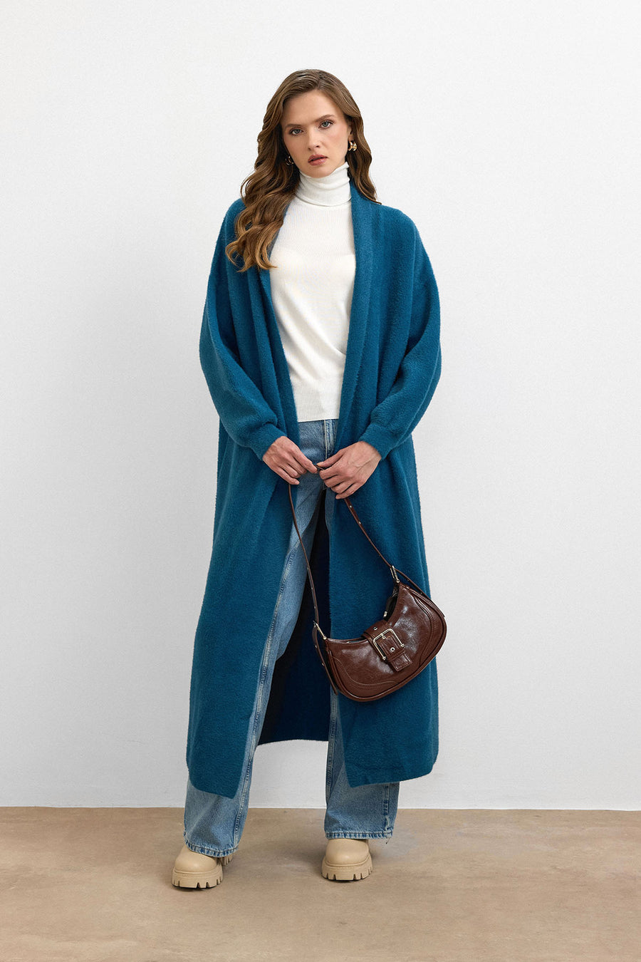 Sakal İplik Model Uzun Hırka - Petrol Mavisi