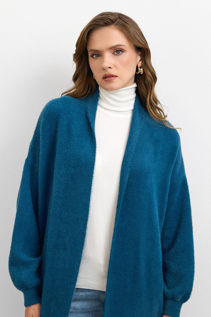 Sakal İplik Model Uzun Hırka - Petrol Mavisi