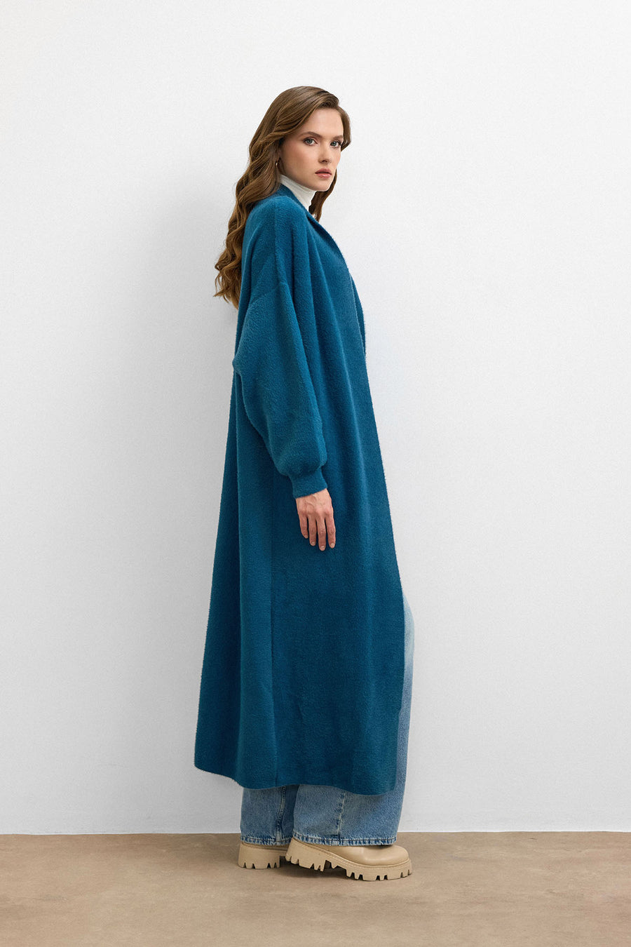 Sakal İplik Model Uzun Hırka - Petrol Mavisi