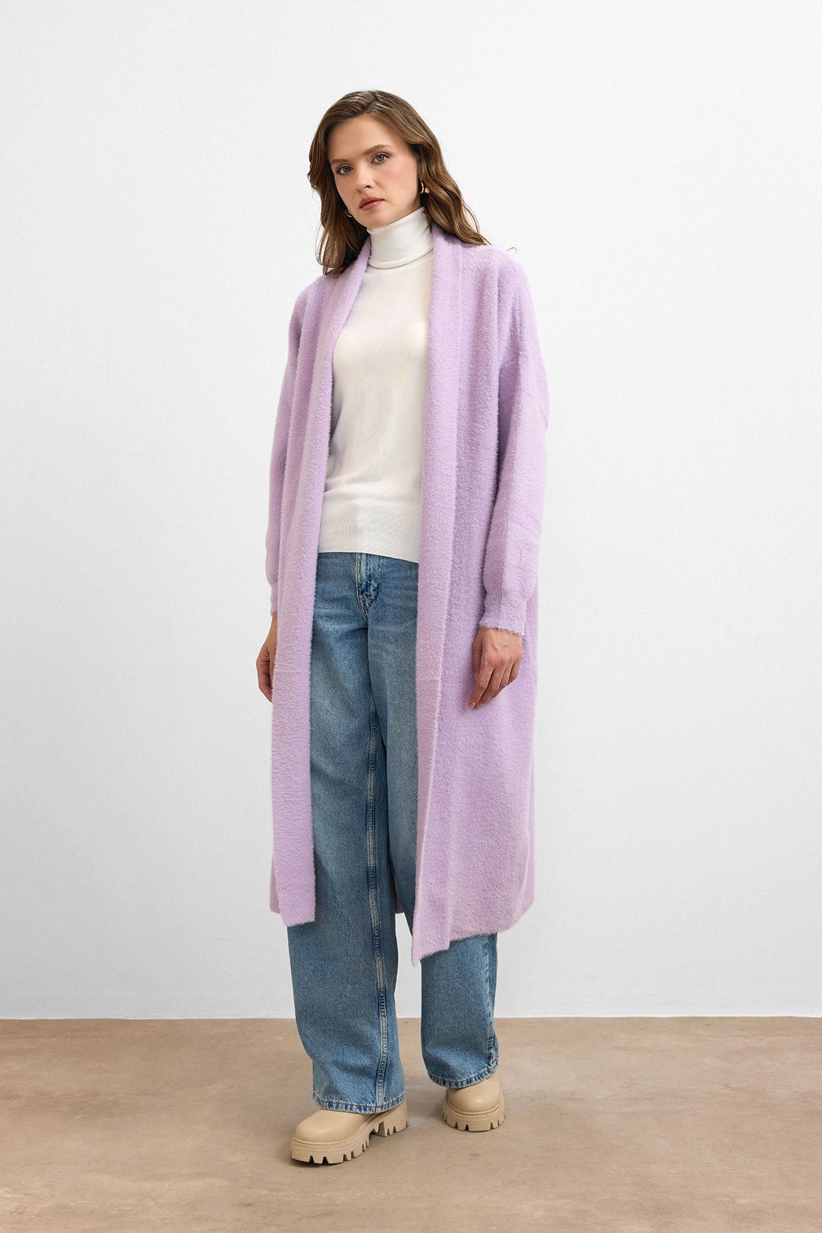 Sakal İplik Model Uzun Hırka - Lila