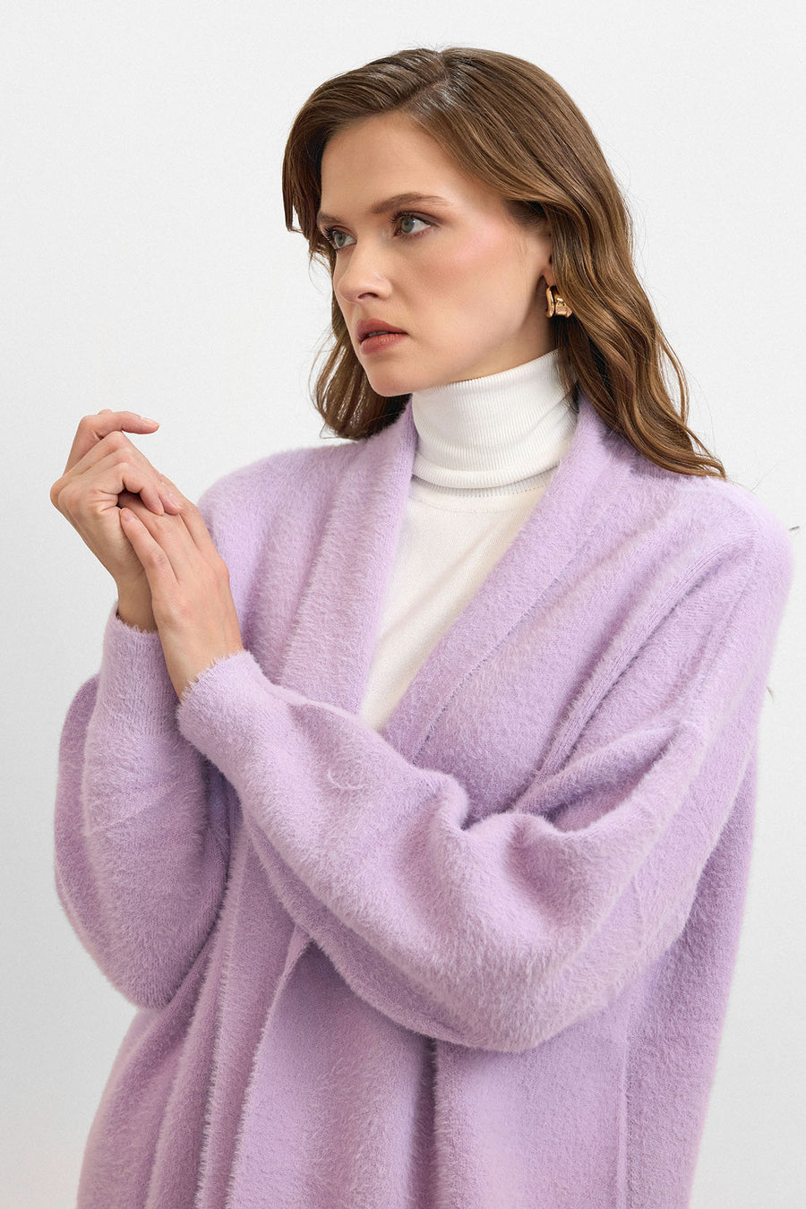 Sakal İplik Model Uzun Hırka - Lila