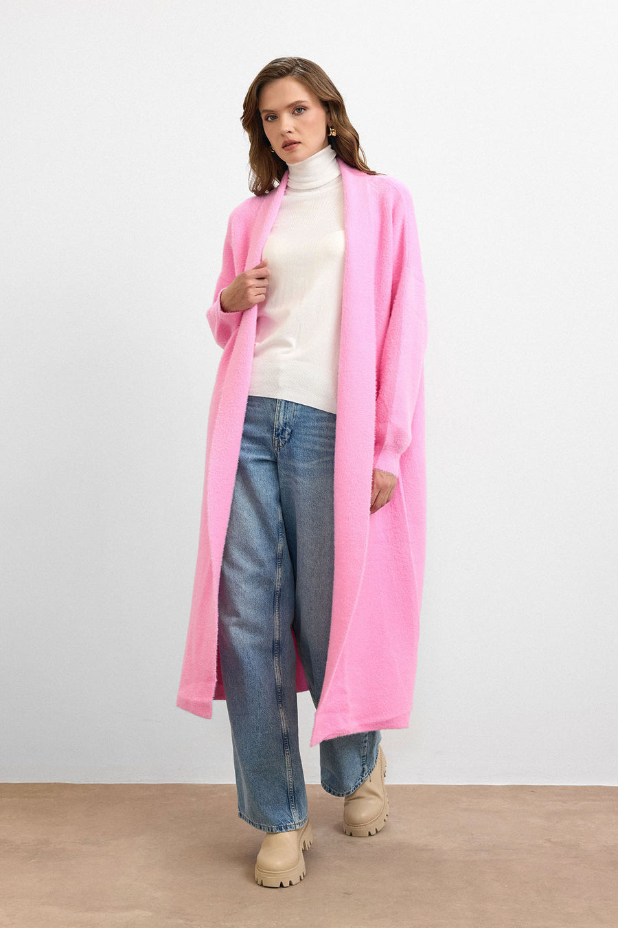 Sakal İplik Model Uzun Hırka - Pembe