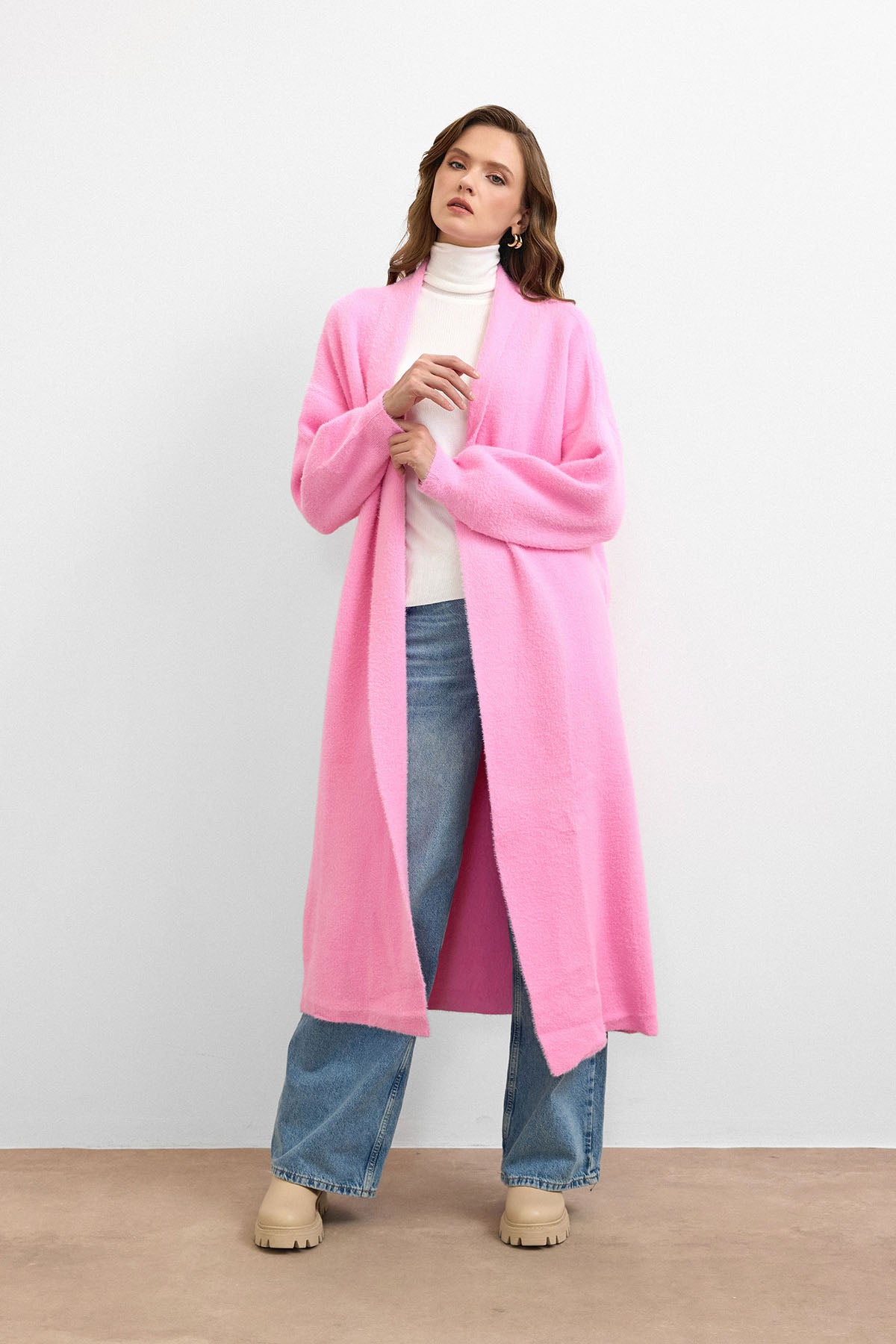 Sakal İplik Model Uzun Hırka - Pembe