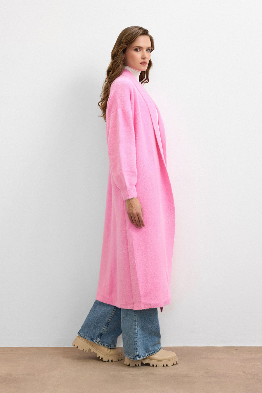 Sakal İplik Model Uzun Hırka - Pembe