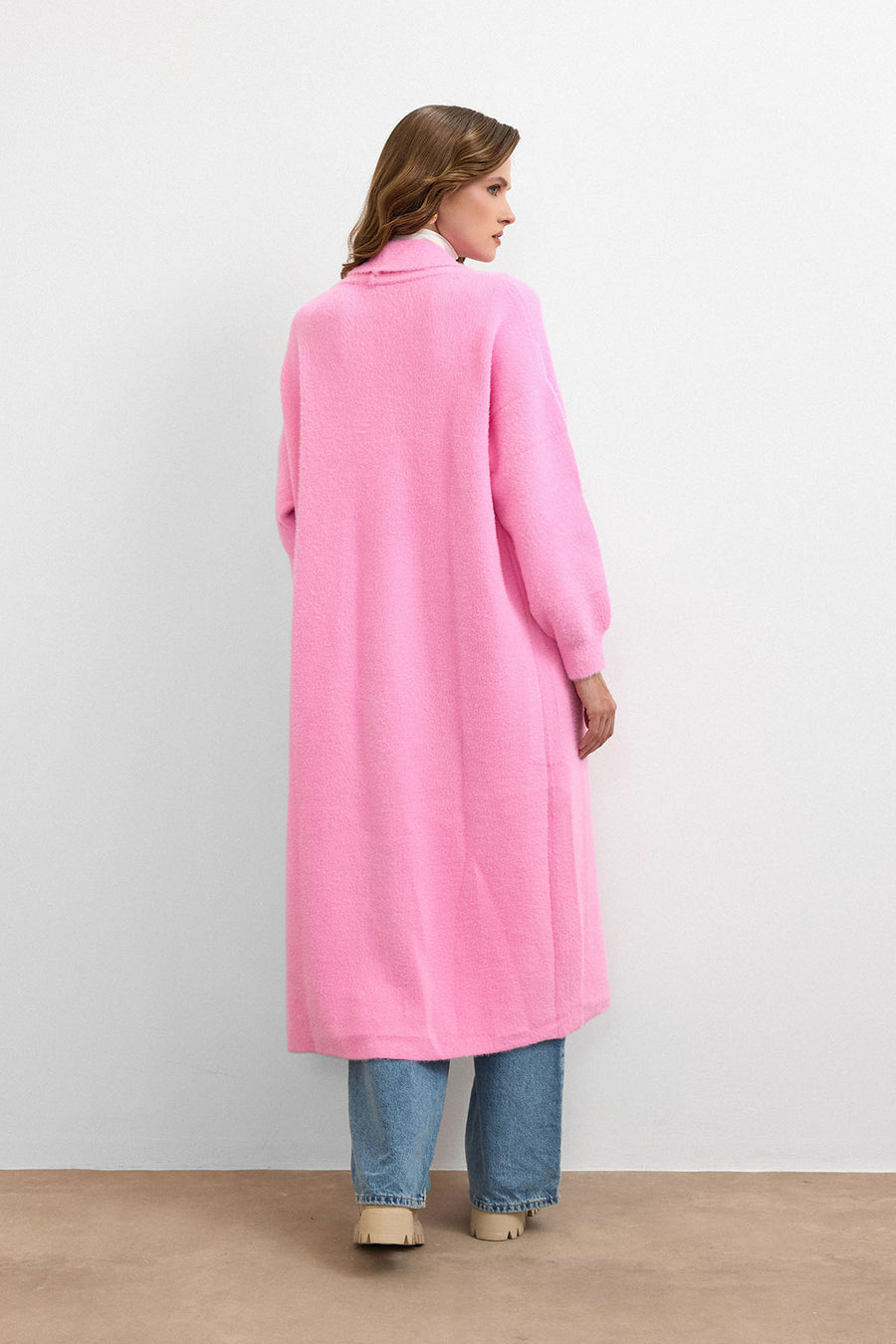 Sakal İplik Model Uzun Hırka - Pembe
