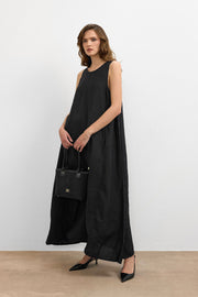 %100 Keten Sıfır Kol Elbise Siyah