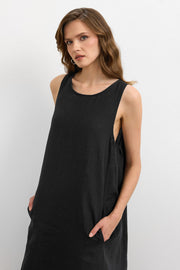 %100 Keten Sıfır Kol Elbise Siyah