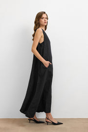 %100 Keten Sıfır Kol Elbise Siyah