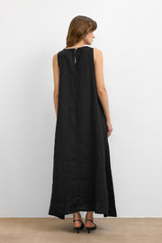 %100 Keten Sıfır Kol Elbise Siyah