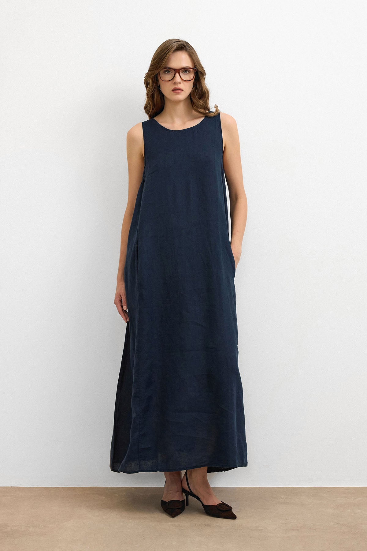 %100 Keten Sıfır Kol Elbise Lacivert