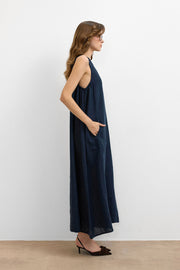 %100 Keten Sıfır Kol Elbise Lacivert