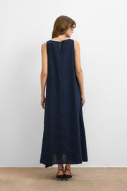 %100 Keten Sıfır Kol Elbise Lacivert