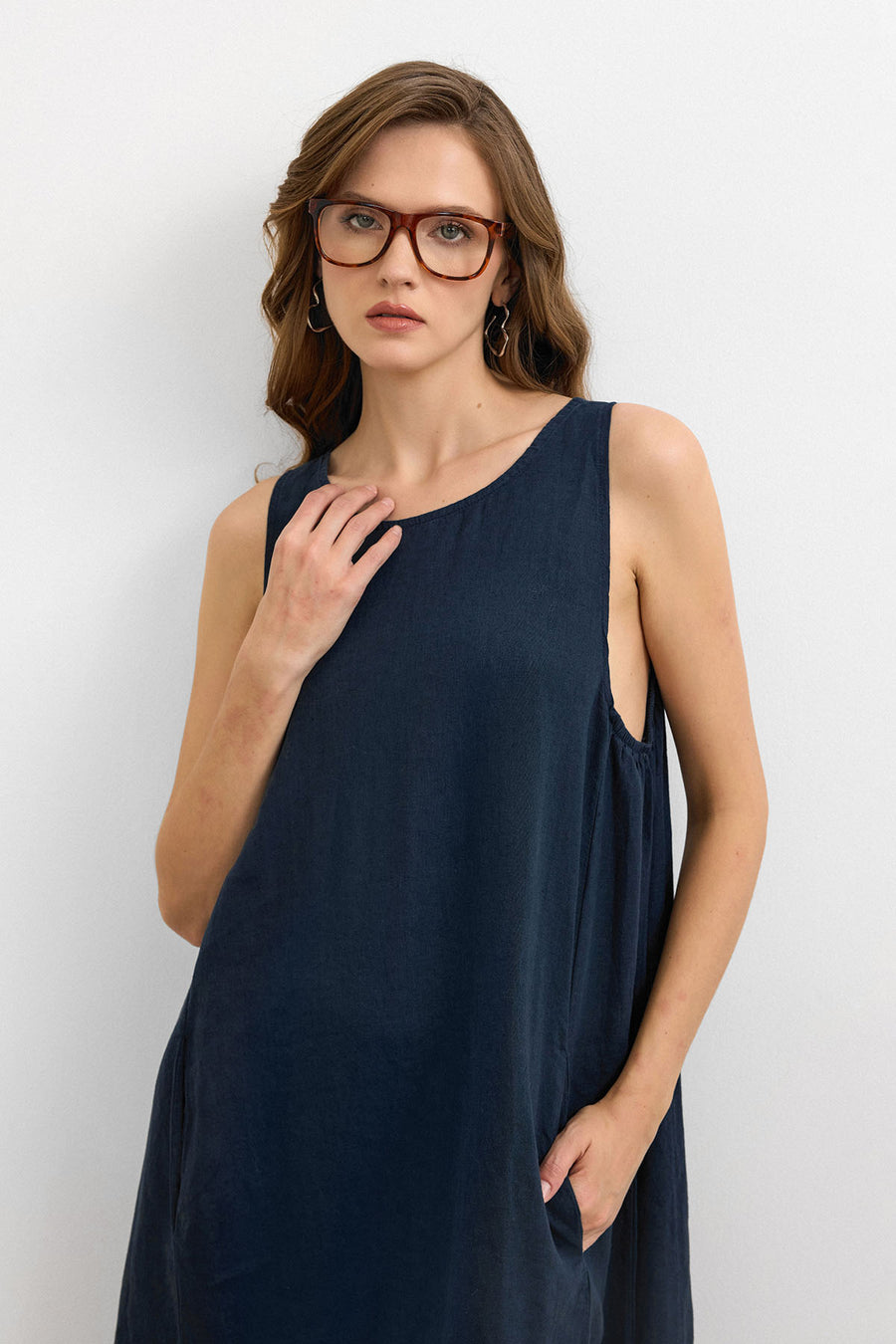 %100 Keten Sıfır Kol Elbise Lacivert
