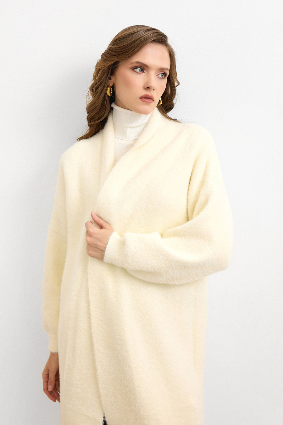 Sakal İplik Model Uzun Hırka -Vanilya