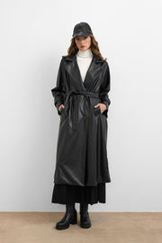 RS-Kuşaklı Deri Trenç Siyah