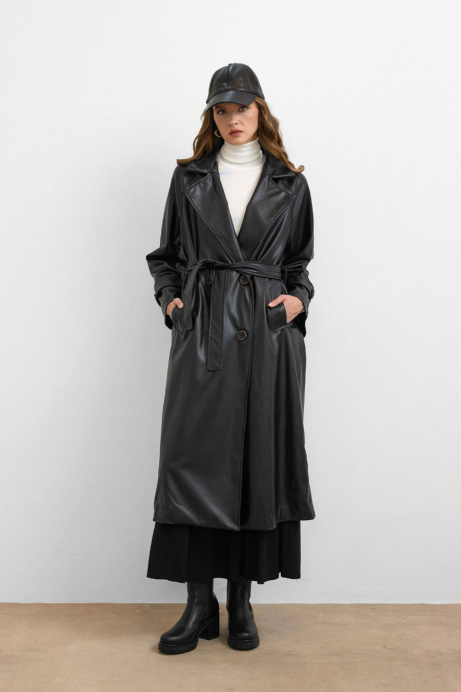 RS-Kuşaklı Deri Trenç Siyah