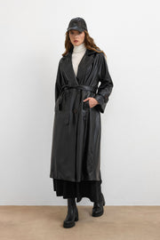 RS-Kuşaklı Deri Trenç Siyah