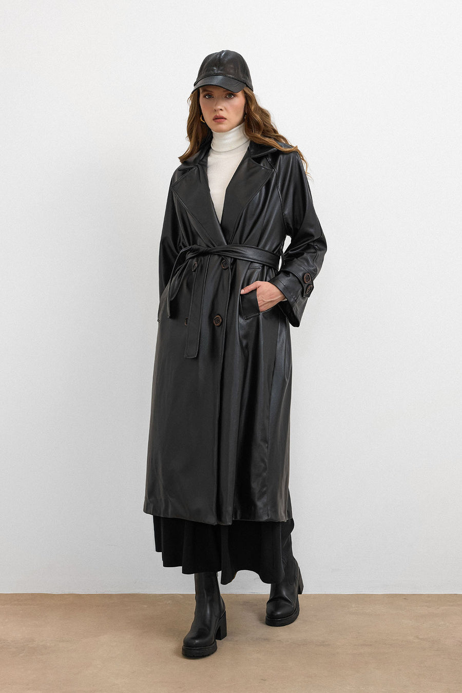 RS-Kuşaklı Deri Trenç Siyah