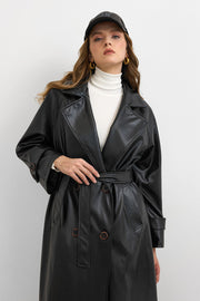 RS-Kuşaklı Deri Trenç Siyah