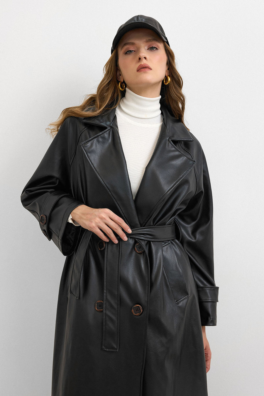 RS-Kuşaklı Deri Trenç Siyah