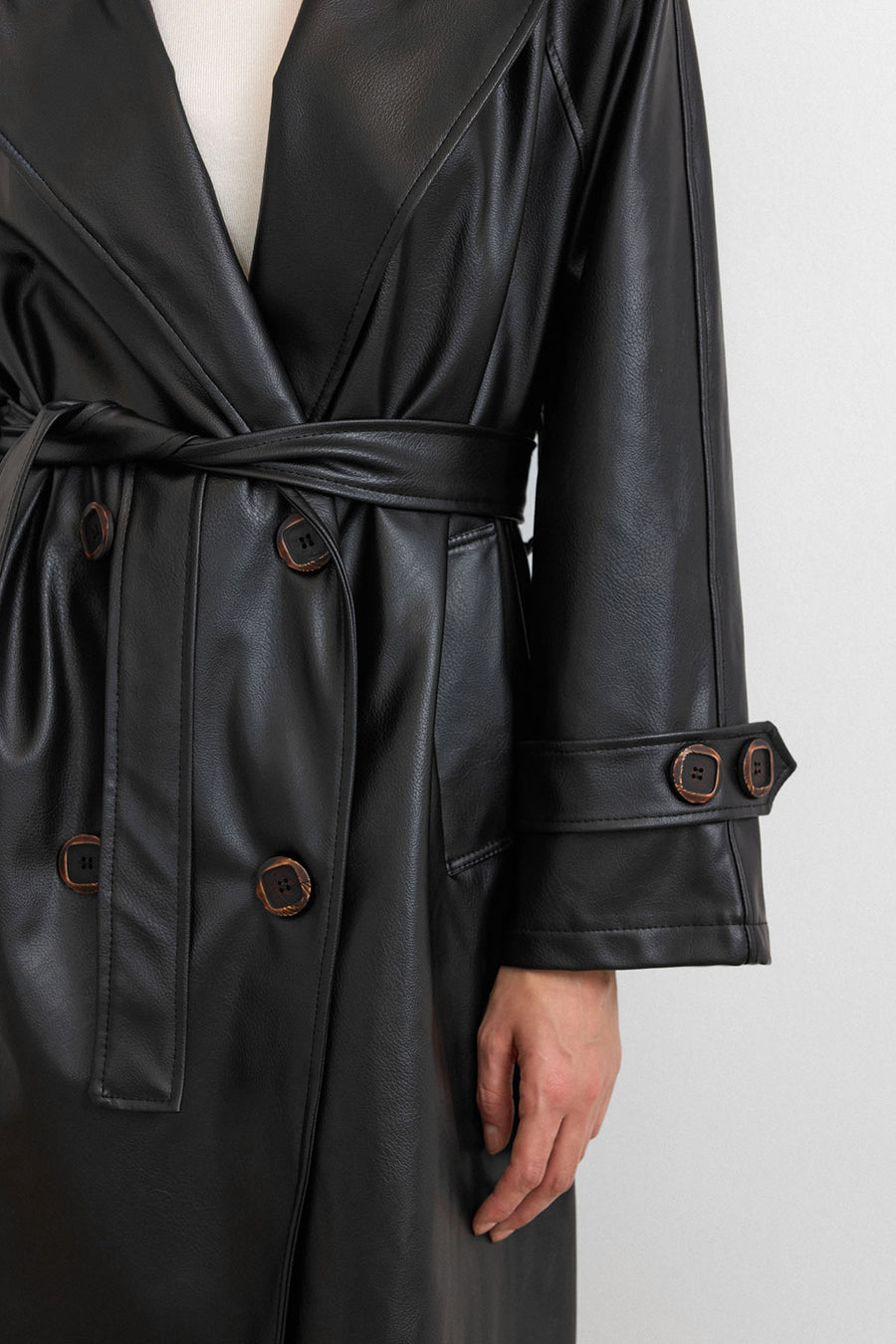 RS-Kuşaklı Deri Trenç Siyah