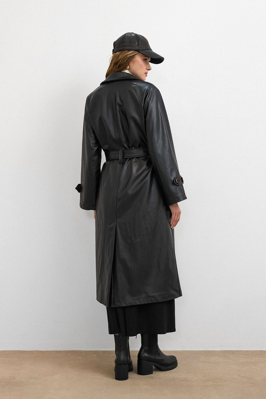 RS-Kuşaklı Deri Trenç Siyah