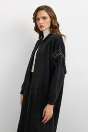 Omuz Taş İşlemeli Uzun Hırka Siyah