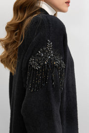 Omuz Taş İşlemeli Uzun Hırka Siyah