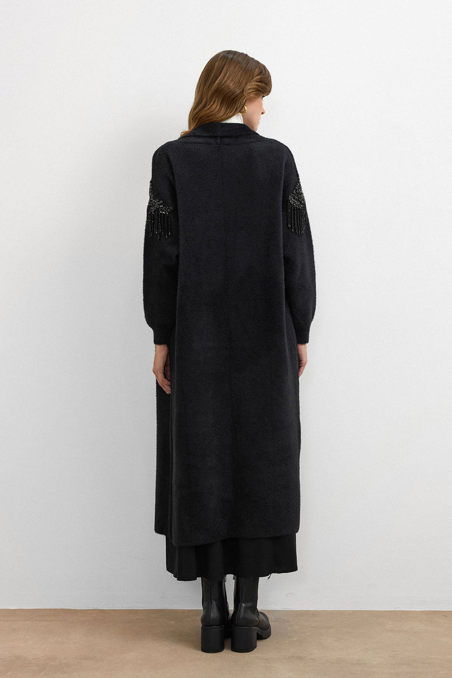 Omuz Taş İşlemeli Uzun Hırka Siyah