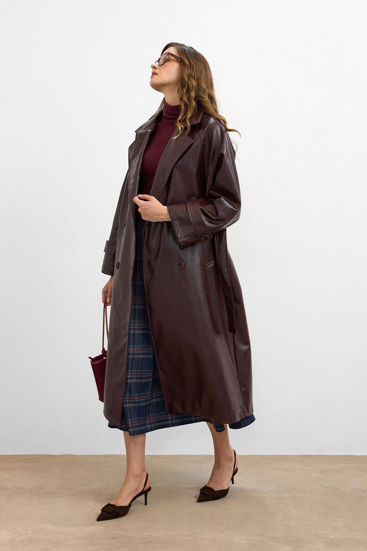 RS-Kuşaklı Deri Trenç Bordo