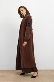 Omuz Taş İşlemeli Uzun Hırka Kahve