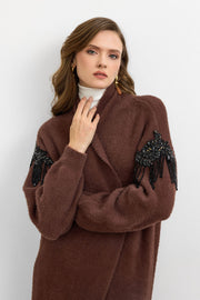 Omuz Taş İşlemeli Uzun Hırka Kahve