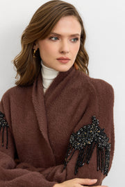 Omuz Taş İşlemeli Uzun Hırka Kahve