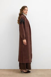 Omuz Taş İşlemeli Uzun Hırka Kahve