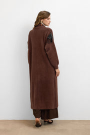 Omuz Taş İşlemeli Uzun Hırka Kahve