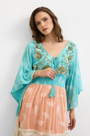 Bohemian Breeze İşlemeli Elbise - Turkuaz